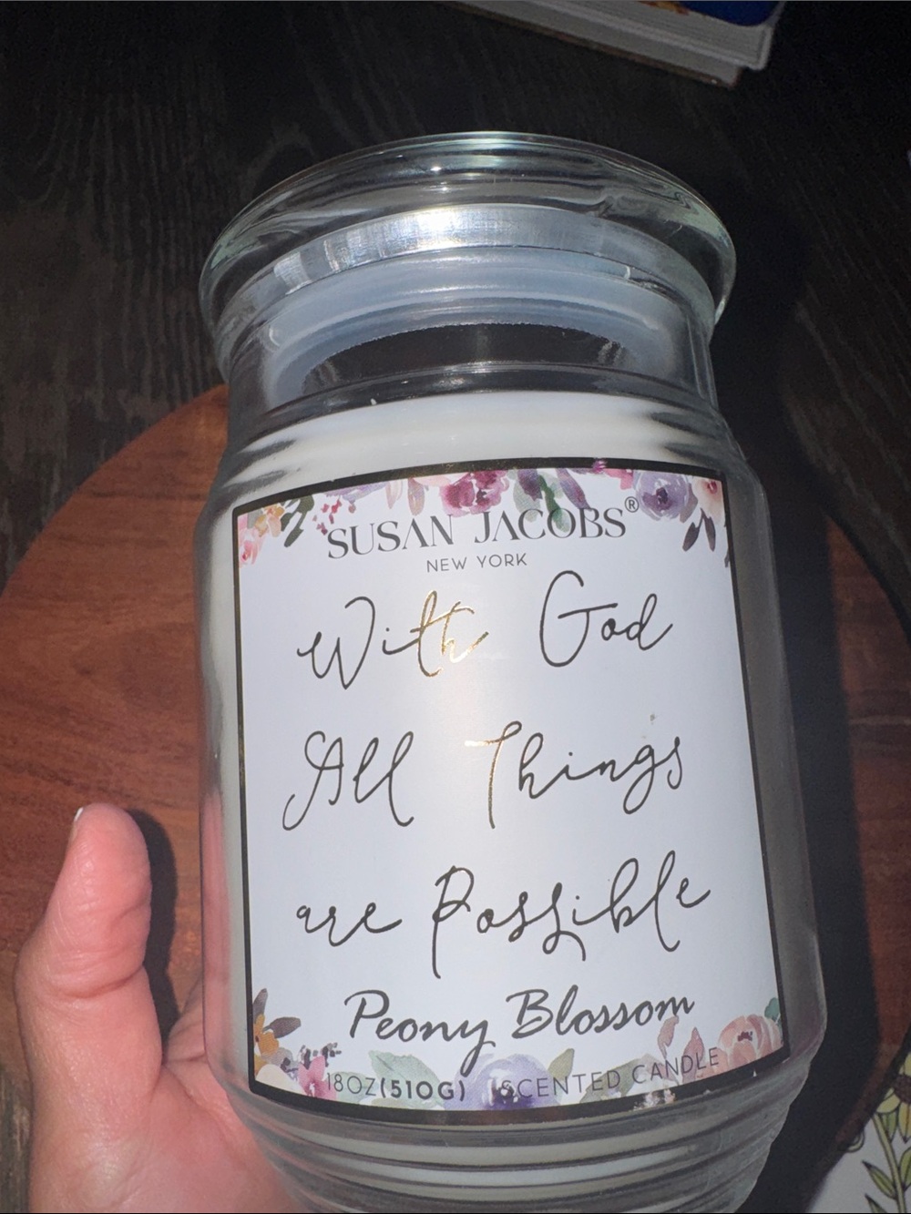 White Peony Blossom Scented Candle 18 oz “With God All Things Are Possible”